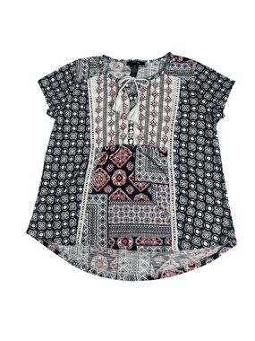 Style & Co Boho Patchwork Tassel Peasant Top Blouse Petite Large